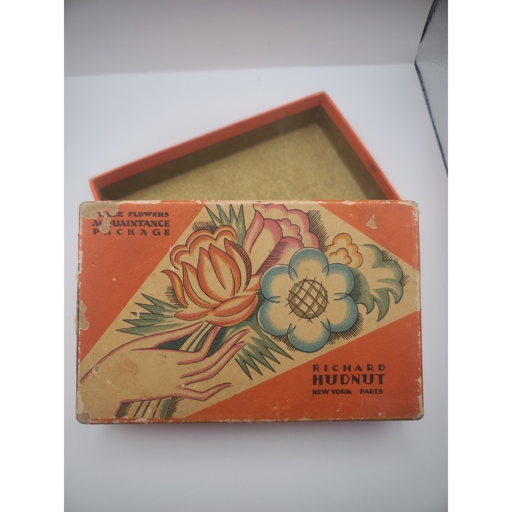 Vintage Hudnut‎ Three Flowers Acquaintance Package Empty Vanity Box Art Deco